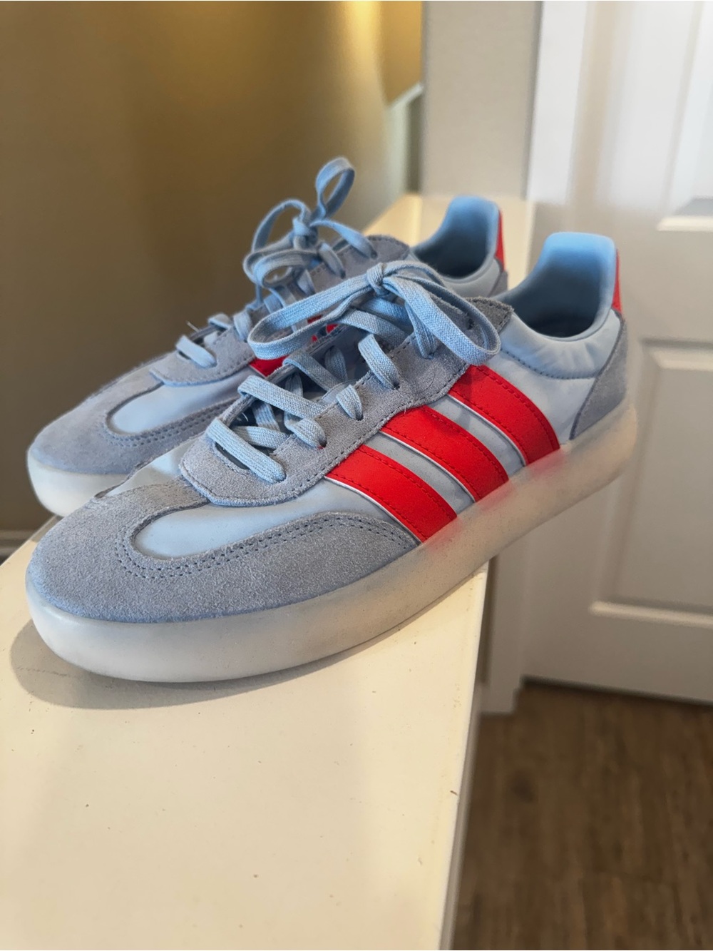 Womens 9 Adidas Light Blue Sneakers with Mango Stripes - Classic Athletic Style
